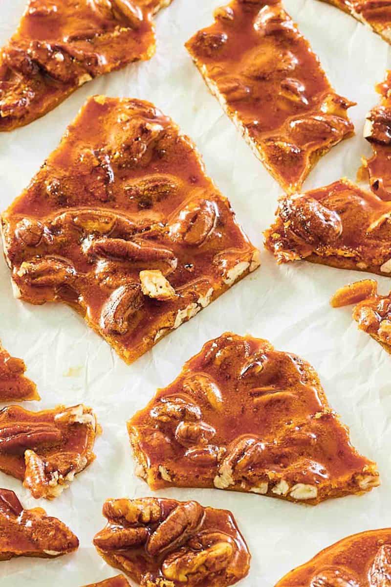 closeup of pecan brittle candy pieces.
