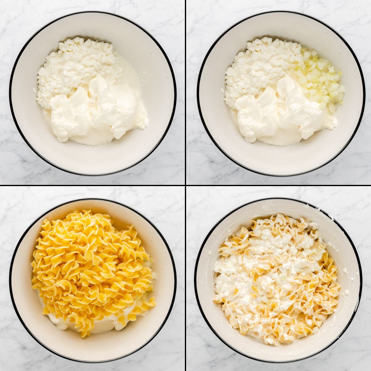 collage of preparing cheese noodle mixture for sour cream noodle bake.