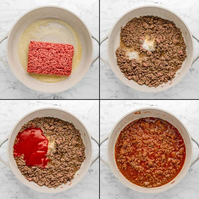 collage of preparing ground beef mixture for sour cream noodle bake.