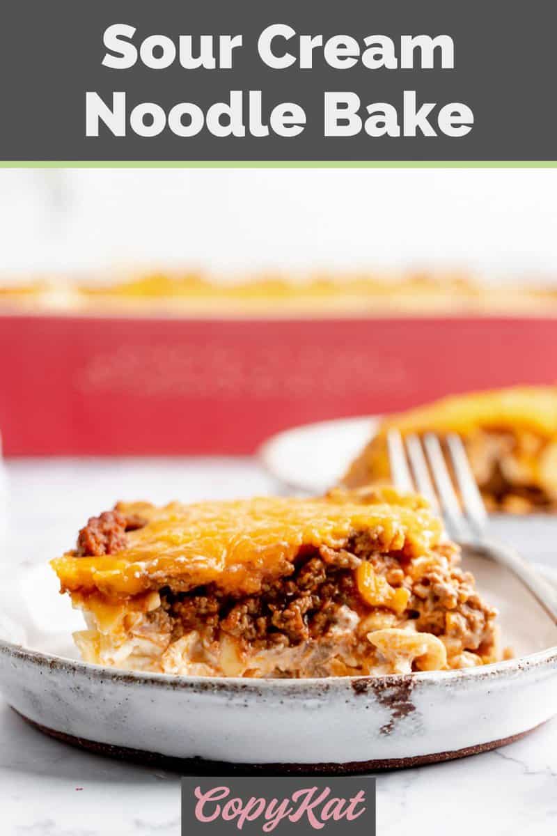 sour cream noodle bake serving in front of a red baking dish.