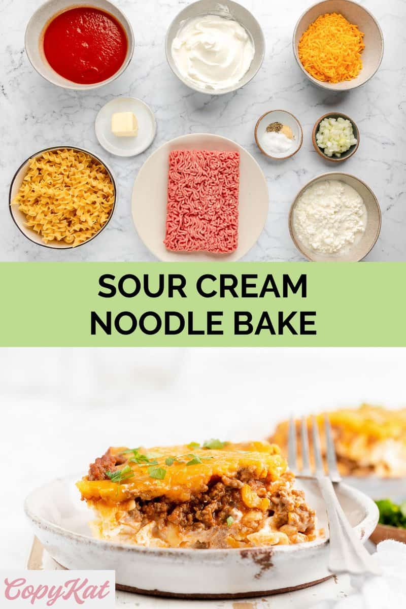 sour cream noodle bake ingredients and a serving on a plate.