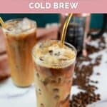 two homemade Starbucks vanilla sweet cream cold brew drinks and coffee beans.