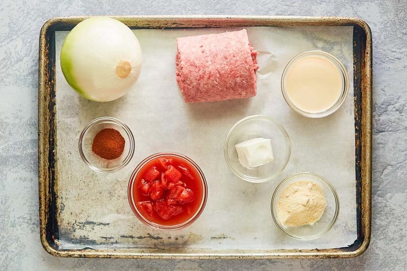 tamale casserole ingredients on a tray.