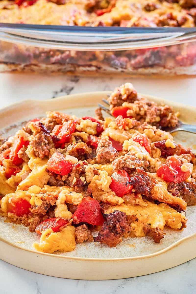 beef tamale casserole serving on a plate.