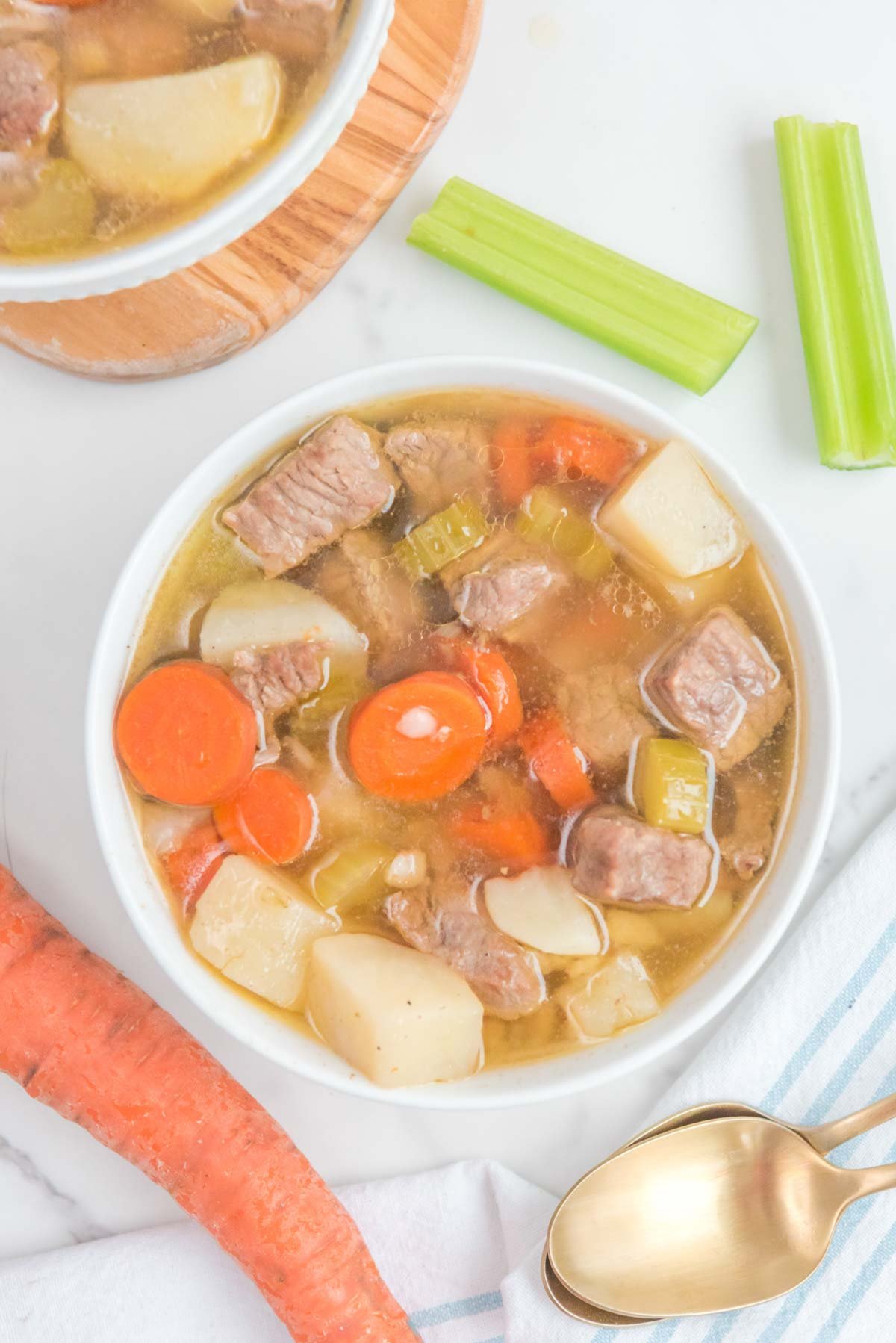 overhead view of homemade Campbell's vegetable beef soup in bowls.