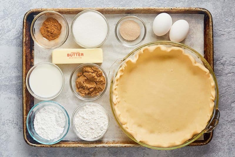 Cracker Barrel cinnamon roll pie ingredients on a tray.