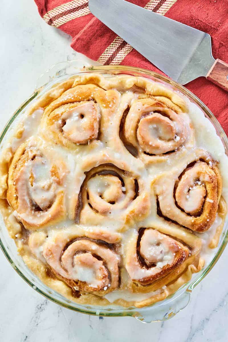 overhead view of a copycat Cracker Barrel cinnamon roll pie.