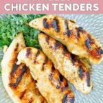 overhead view of homemade Cracker Barrel grilled chicken tenders on a blue plate.