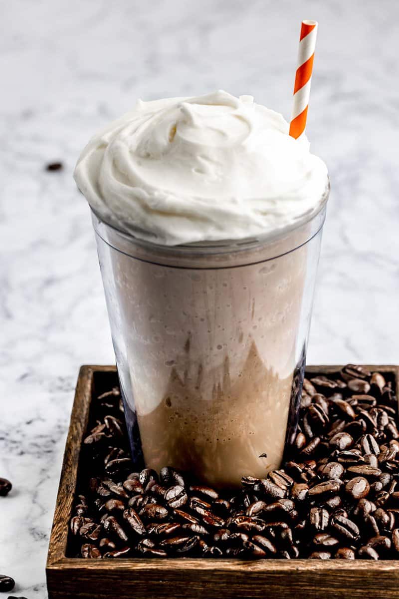 copycat Dunkin Donuts coffee coolatta and coffee beans.
