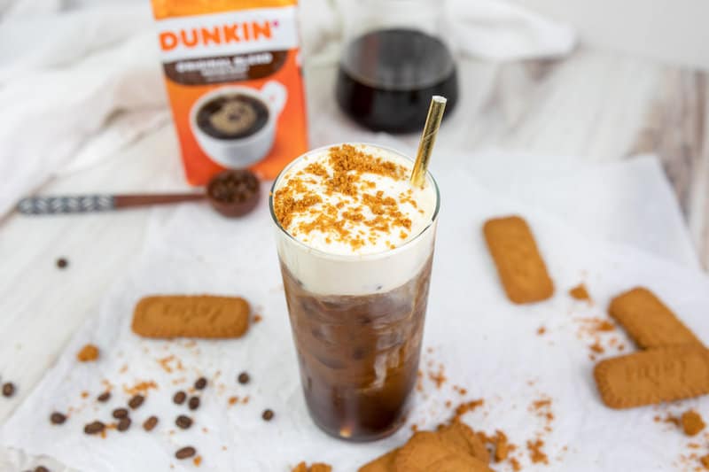copycat Dunkin cookie butter cold brew, Biscoff cookies, and Dunkin coffee beans.