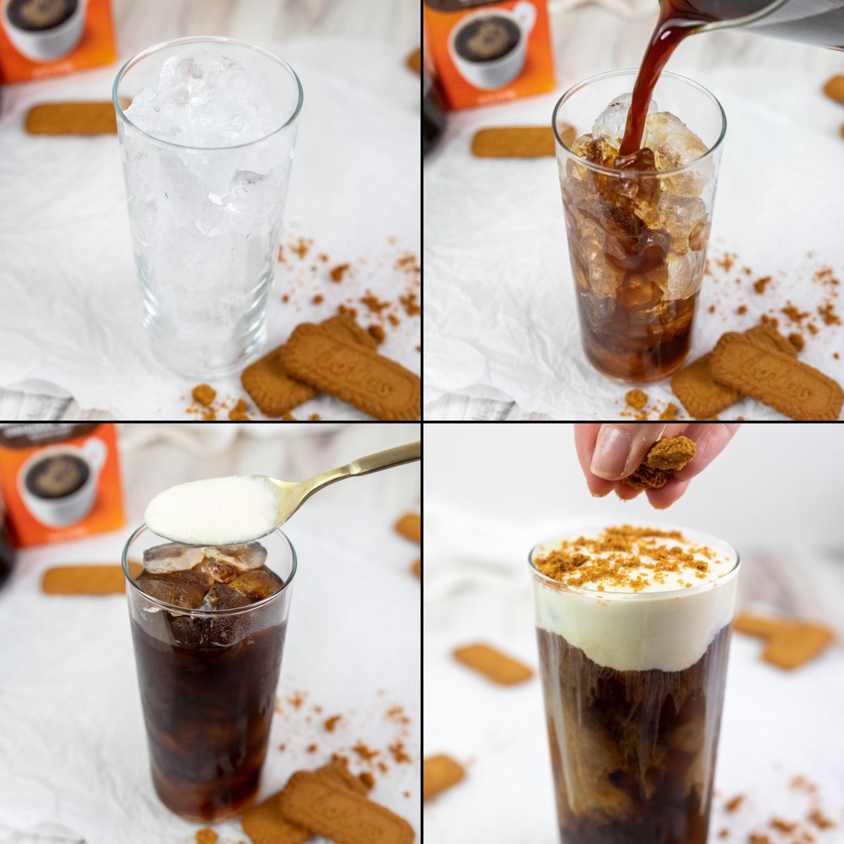 collage of making Dunkin cookie butter cold brew.