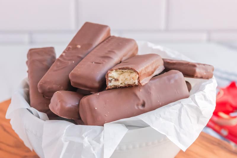 homemade kit kat bars in a bowl.