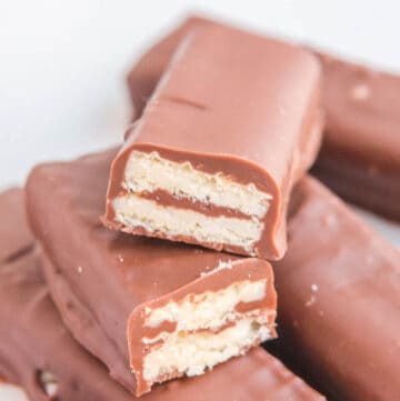 homemade kit kat bars and one cut in half to show the inside.