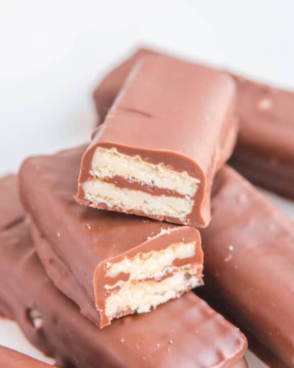homemade kit kat bars and one cut in half to show the inside.