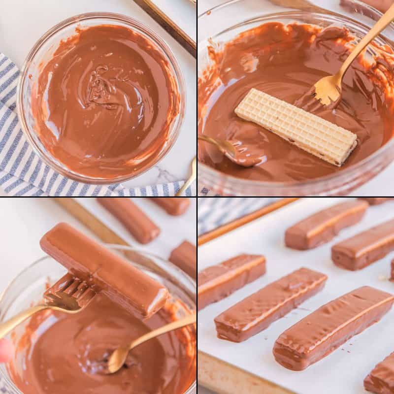 recipe steps for coating homemade kit kat bars in chocolate.