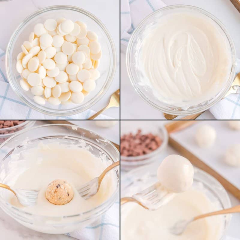 collage of making white chocolate and covering truffles.