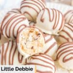 Little Debbie zebra cake balls on a plate.