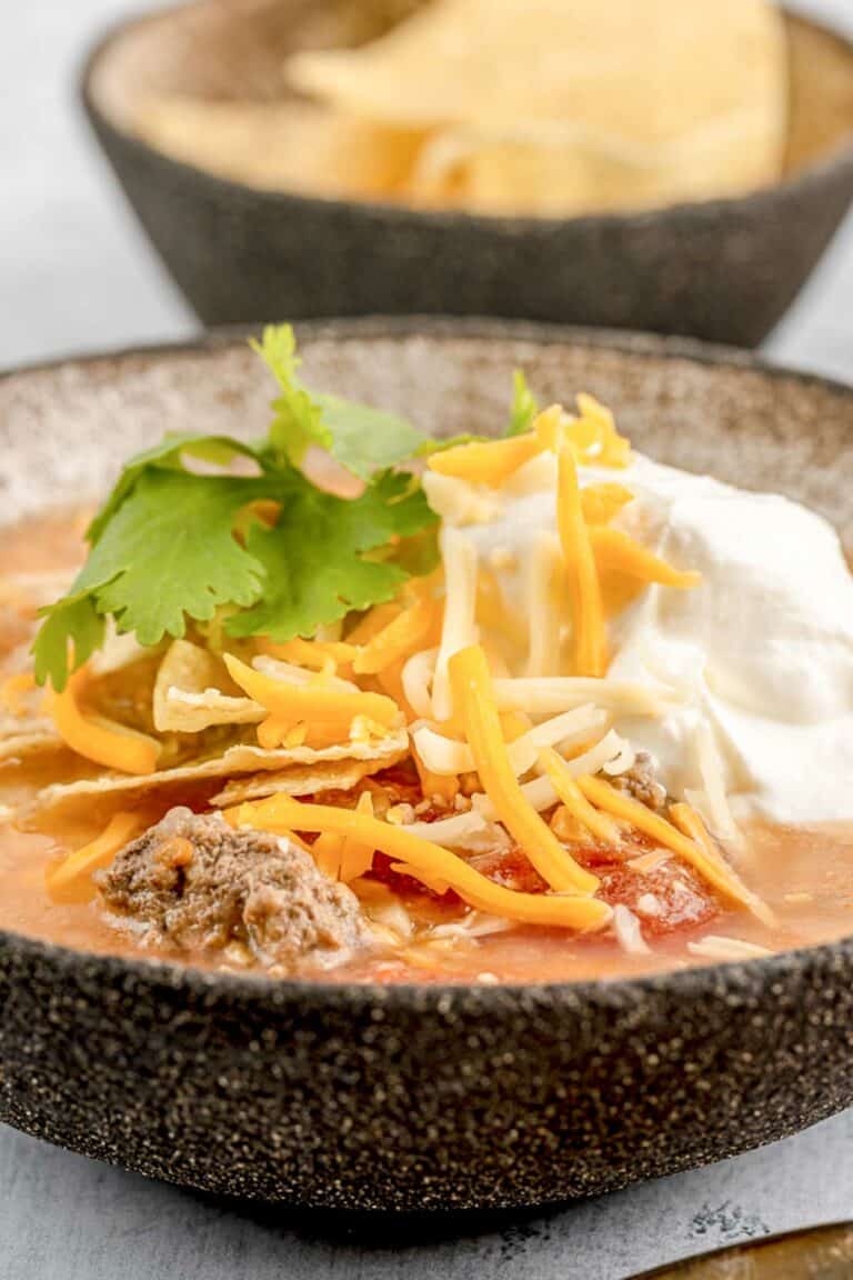 bowl of copycat Luby's beef tortilla soup.
