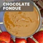 closeup of chocolate fondue and fruit on a platter.