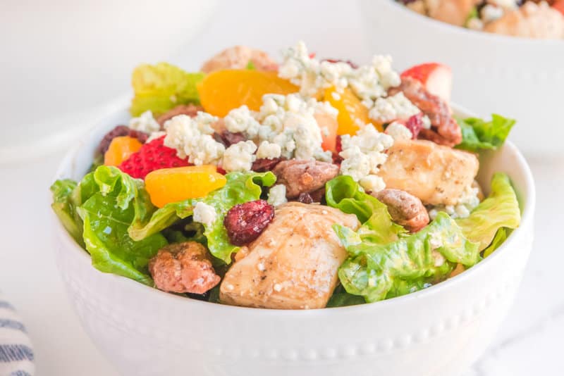 copycat O'Charley's California chicken salad in a white bowl.