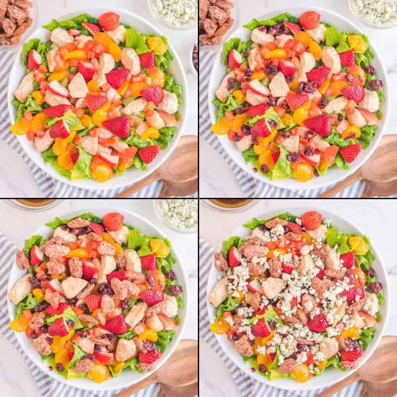 collage of adding toppings to O'Charley's California chicken salad.
