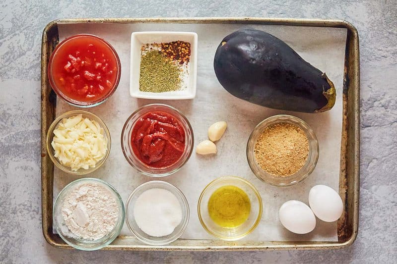 Olive Garden eggplant parmigiana ingredients on a tray.