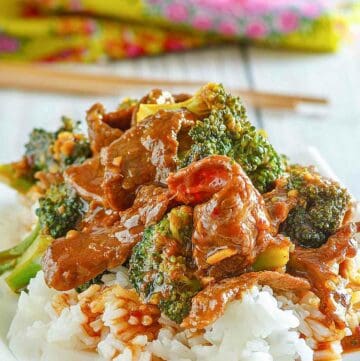 copycat Panda Express broccoli beef over rice on a plate.