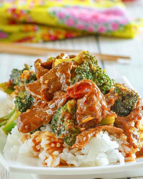 copycat Panda Express broccoli beef over rice on a plate.