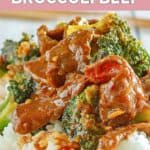 closeup of homemade Panda Express broccoli beef over rice.