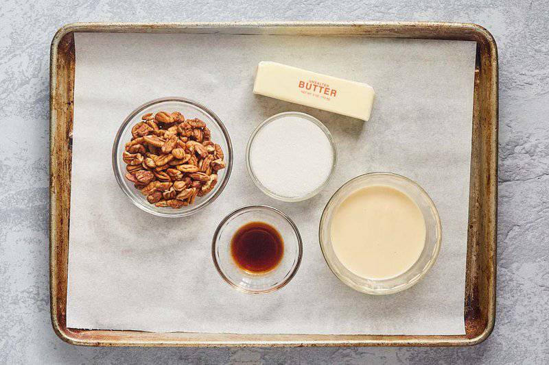 ingredients for pecan pralines on a tray.