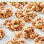 closeup of homemade pecan pralines on parchment paper.