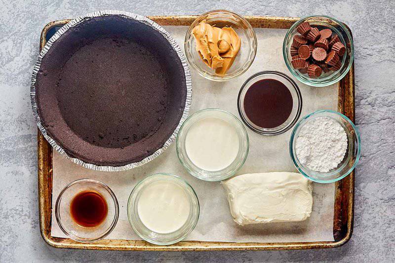 Reese's peanut butter pie ingredients on a tray.