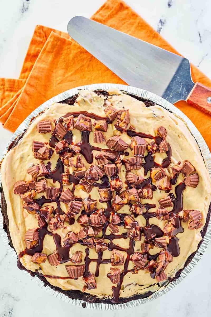overhead view of a Reese's peanut butter pie.