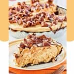 Reese's peanut butter pie slice on a plate in front of the pie.
