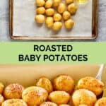 roasted baby potatoes ingredients and the potatoes in a dish.