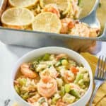 shrimp casserole in a bowl and baking dish.