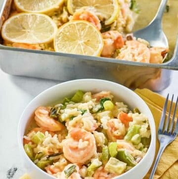 shrimp casserole in a bowl and baking dish.