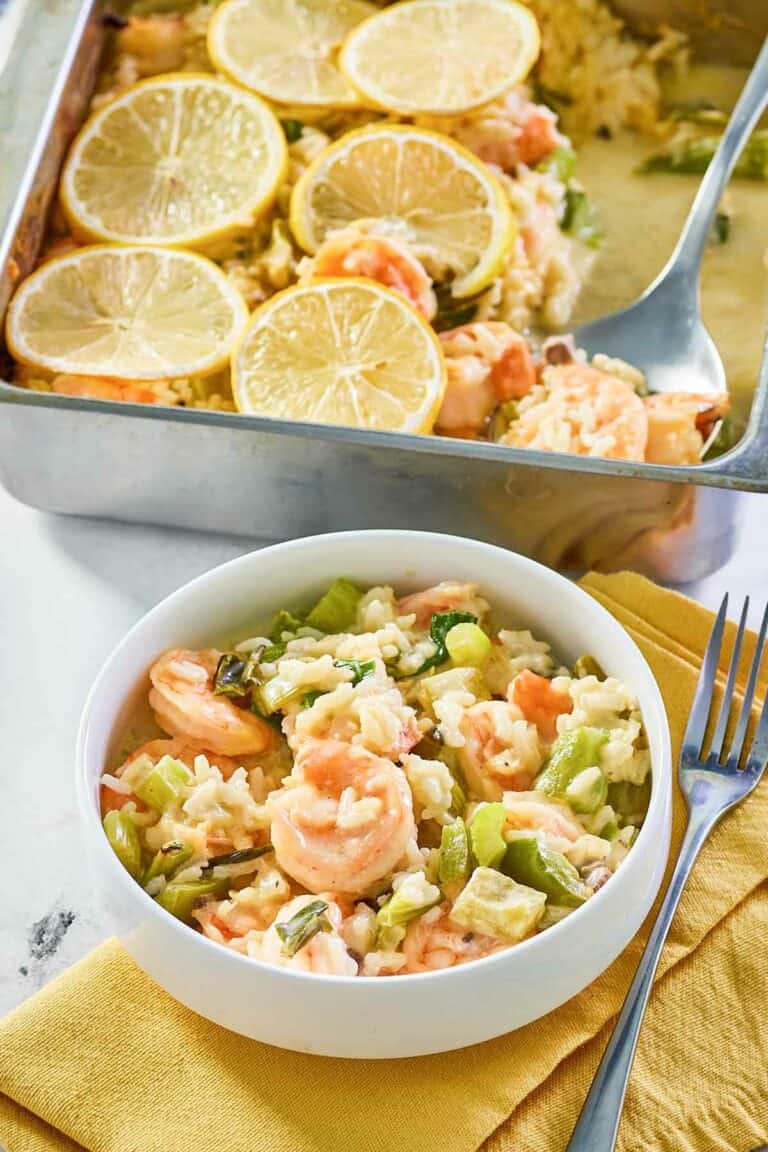 shrimp casserole in a bowl and baking dish.
