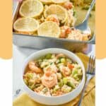 shrimp casserole with rice in a bowl and baking pan.
