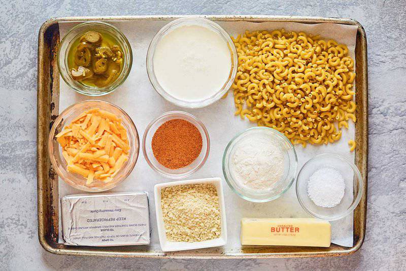 spicy mac and cheese ingredients on a tray.