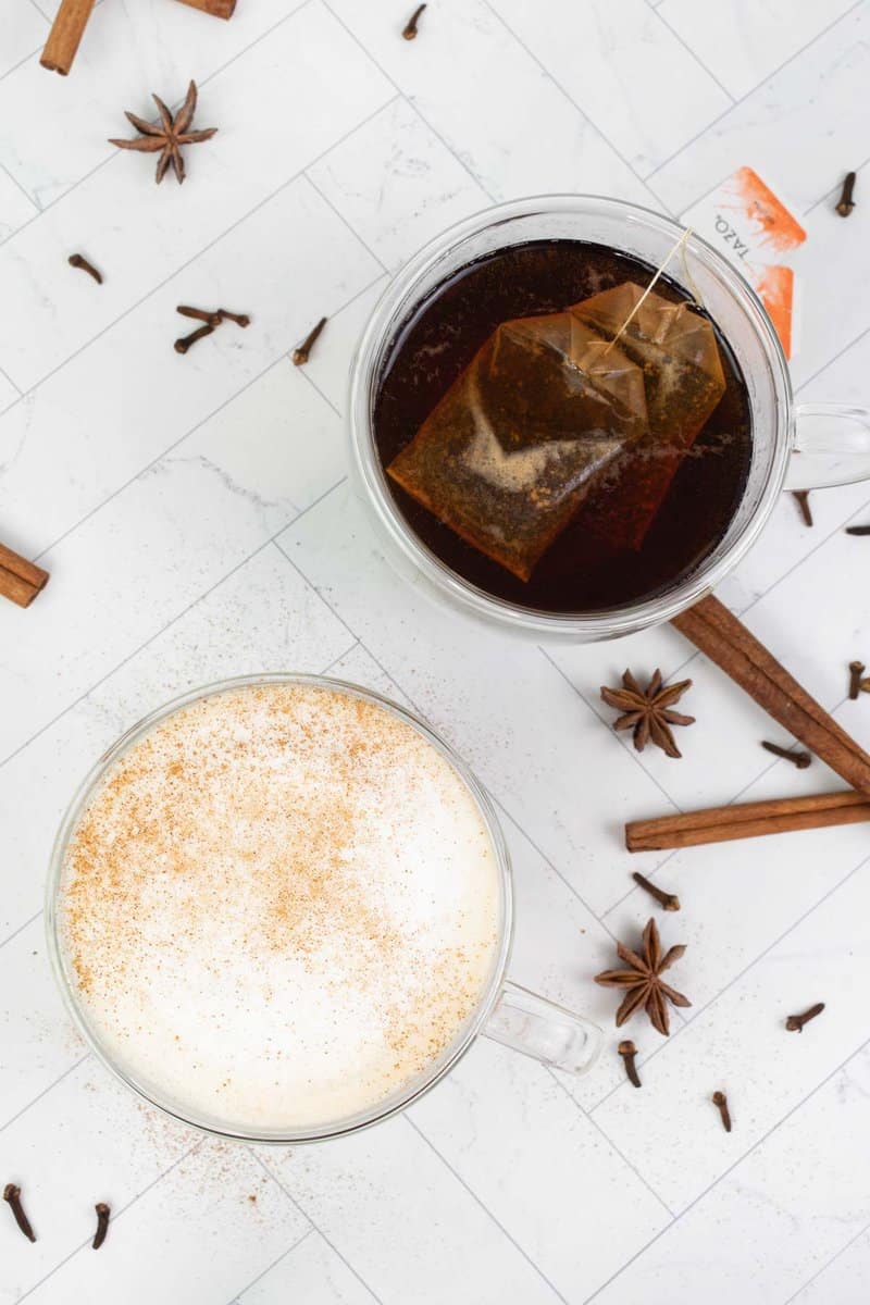 overhead view of copycat Starbucks chai tea latte drinks.