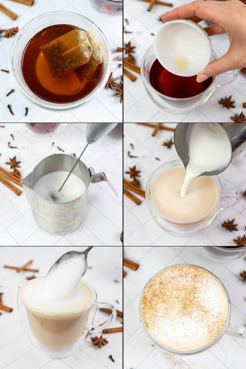 collage of steps for making Starbucks chai tea latte.