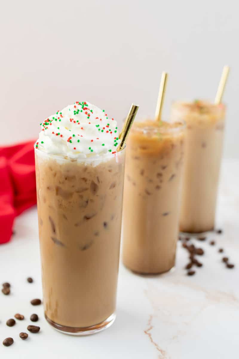 three copycat Starbucks iced sugar cookie latte drinks.
