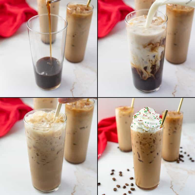 collage of steps for making copycat Starbucks iced sugar cookie latte.