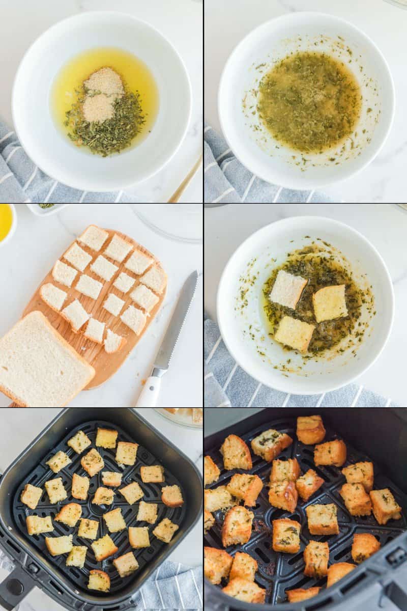 Collage of steps making air fryer croutons.