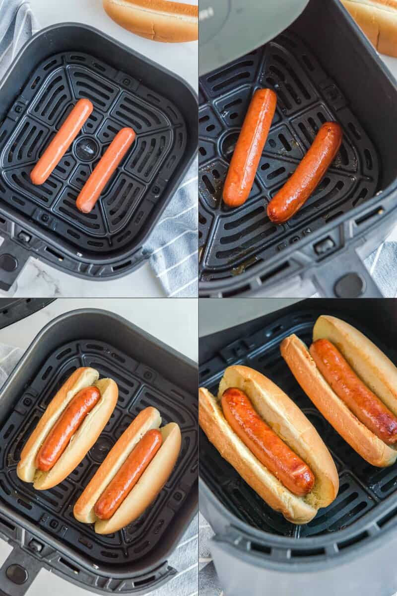 Collage of air frying hot dogs and hot dog buns.