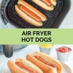 Two hot dogs in buns in an air fryer basket and on a plate.