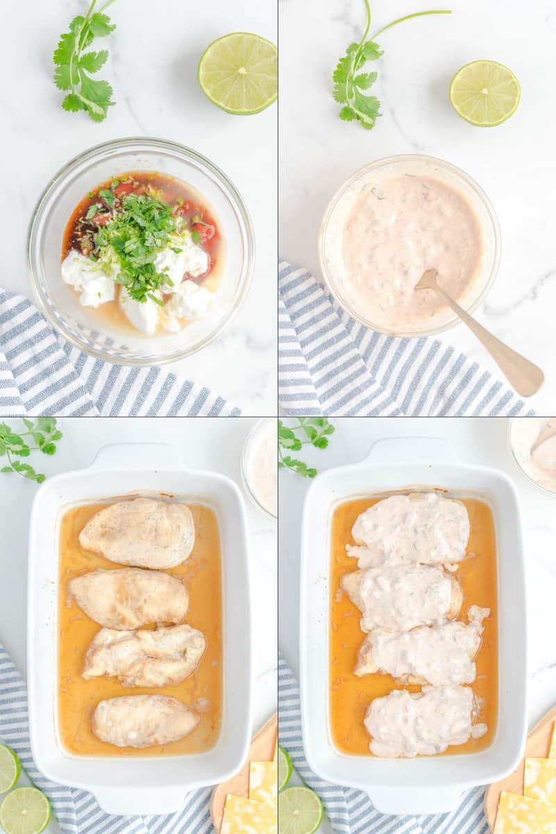Collage of making Mexi-ranch sauce and putting it on chicken in a baking dish.
