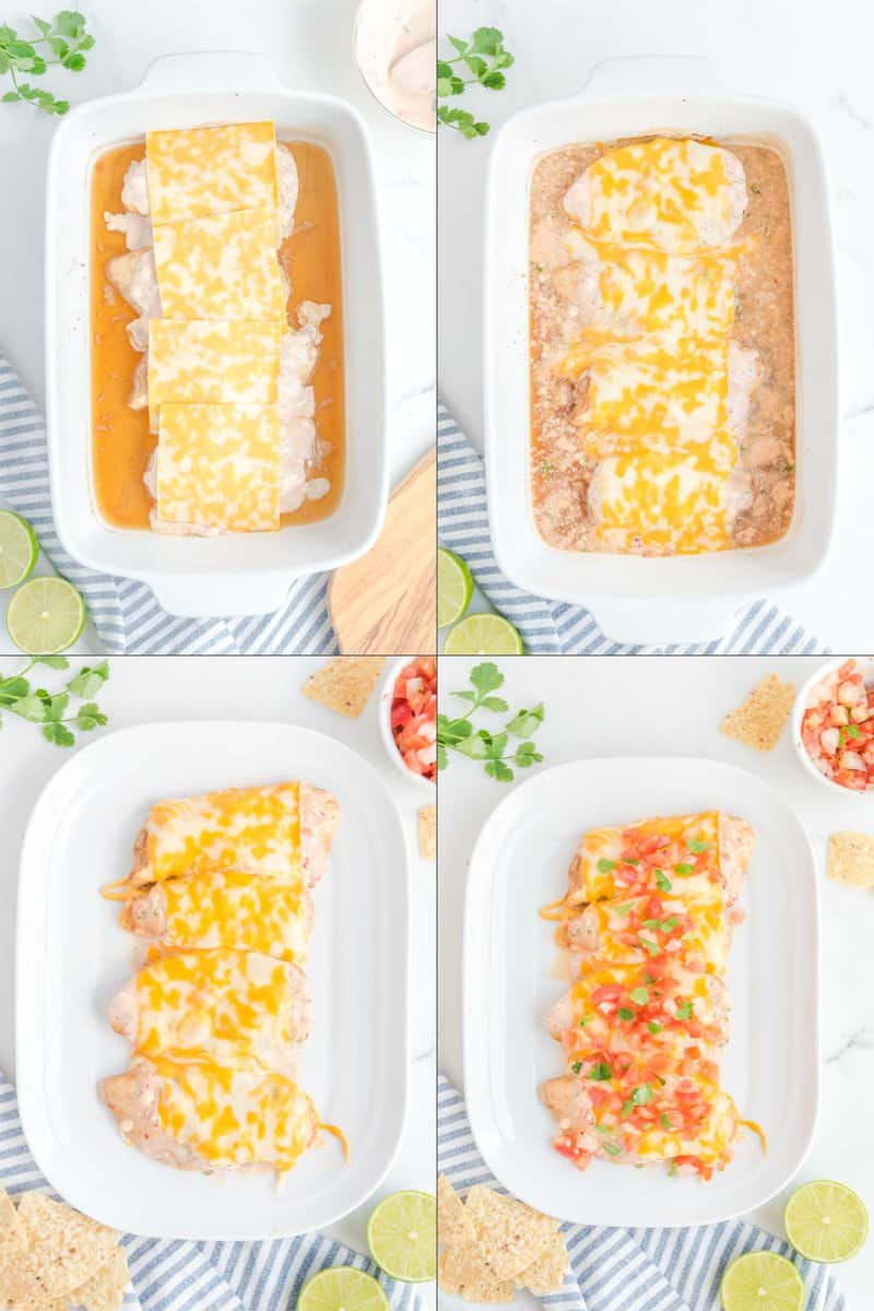 Collage of recipe steps for topping fiesta lime chicken with cheese and baking it.