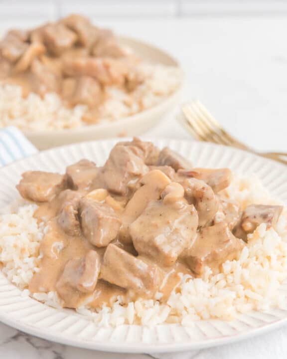 traditional beef stroganoff over rice on a plate and in a bowl.